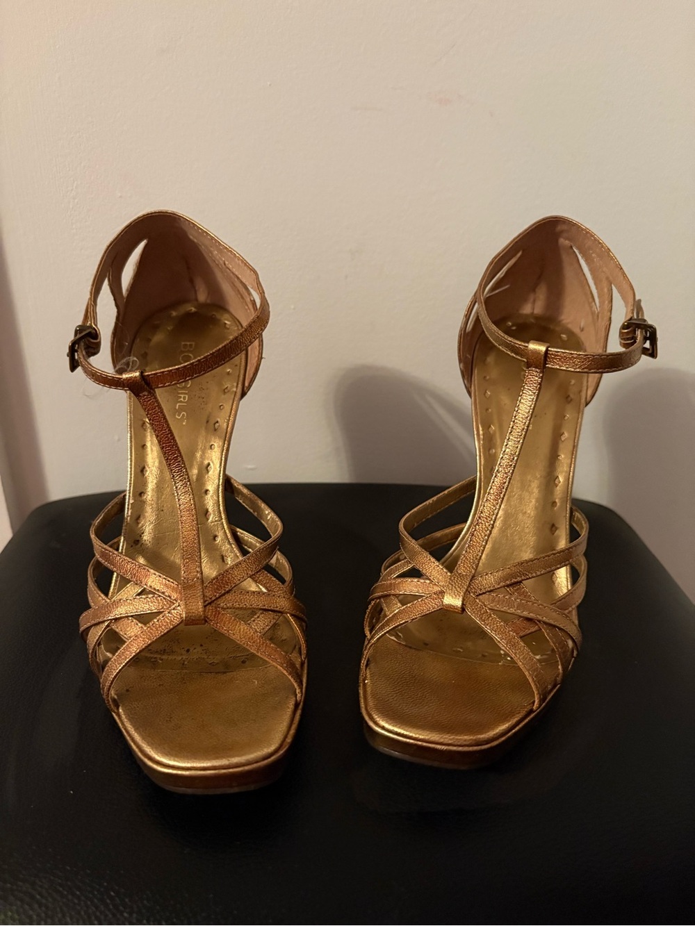 BCBGirls Metallic Bronze Strappy T‑Bar High Heel Sandals - Picture 4 of 9